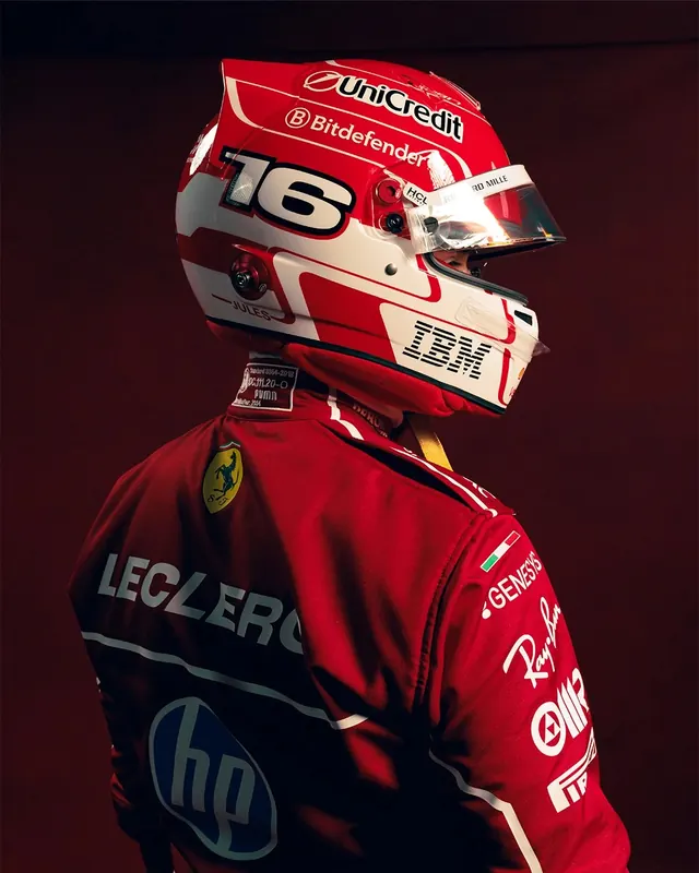 Leclerc Racing Motorcycle Gear Mockup, photographic, corporate-clean, vibrant