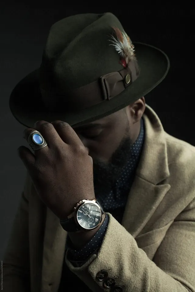 Man in Fedora with Watch and Ring, photographic, luxury, dark