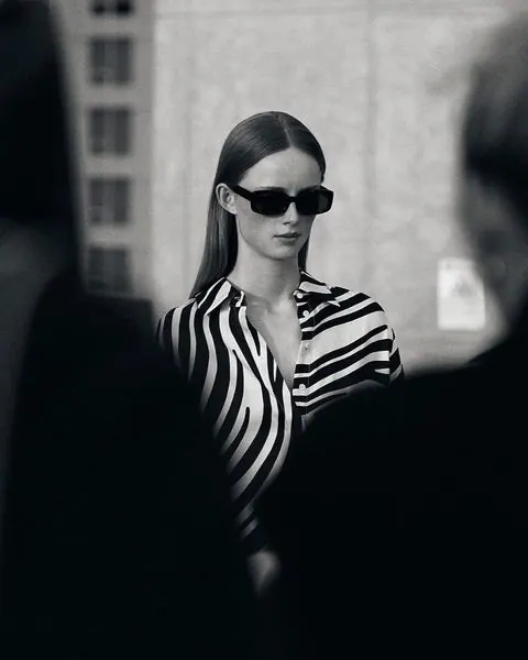 Woman in Striped Shirt with Sunglasses, minimal, monochrome, monochrome