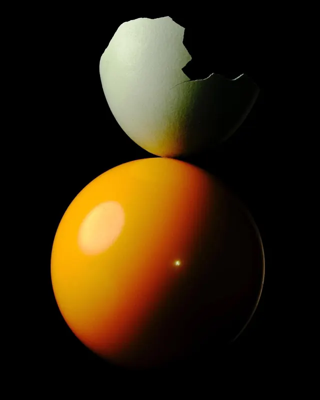 Broken Egg Shell and Yolk, minimal, 3d-render, dark