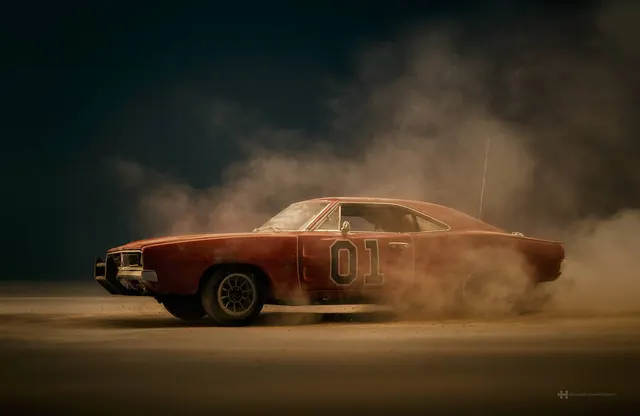 Classic Muscle Car in Dust Cloud, retro, photographic, dark