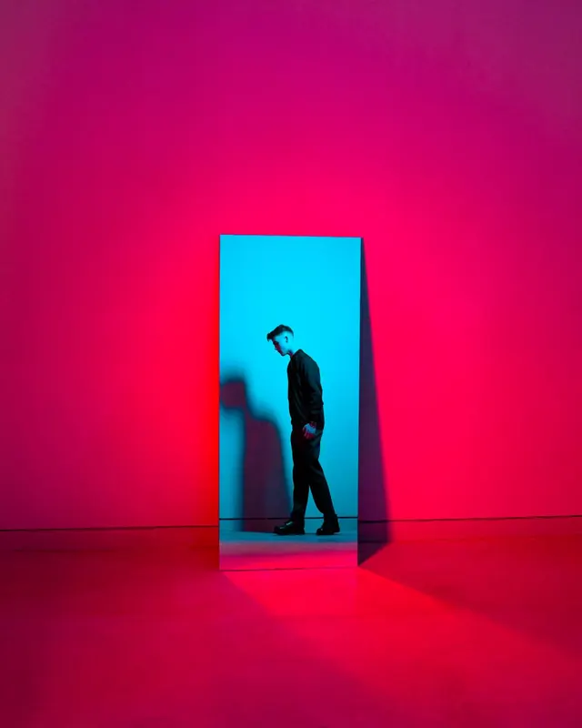 Silhouette in Neon Portal, minimal, photographic, vibrant