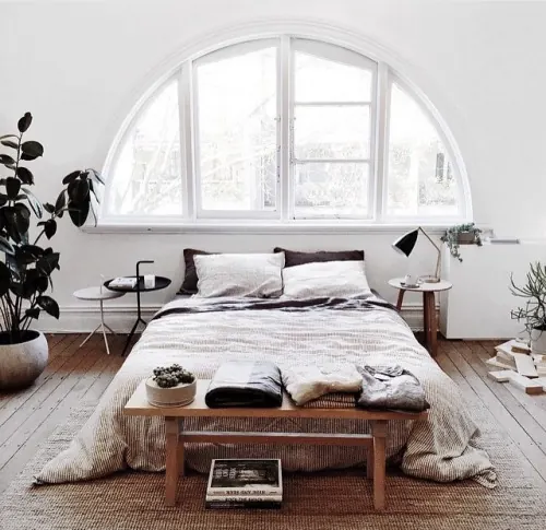 Minimalist Bedroom Interior with Arched Window, minimal, organic, light
