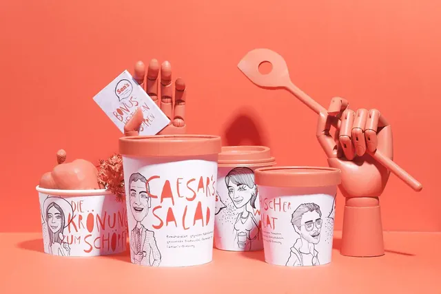 Salad cup packaging with illustrated portraits, playful, illustrated, vibrant