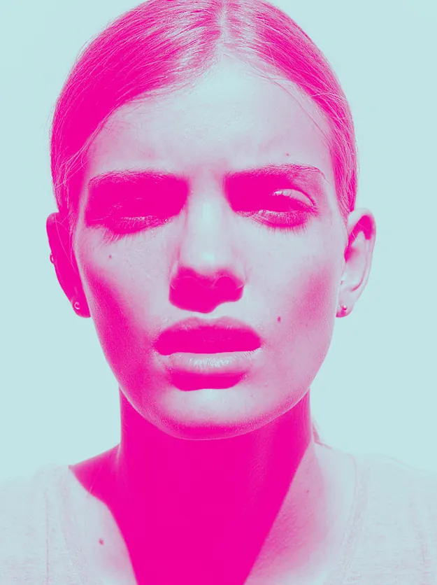 Duotone Portrait with Neon Pink Overlay, minimal, photographic, vibrant