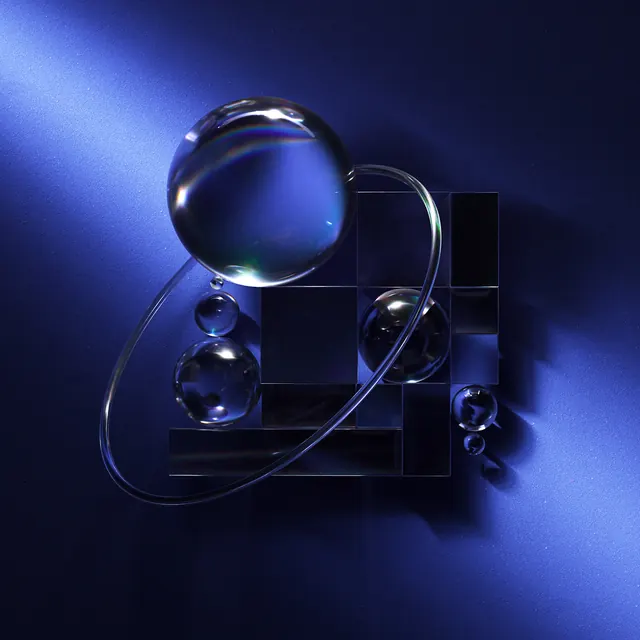 Glass spheres on dark blocks, 3d-render, minimal, dark