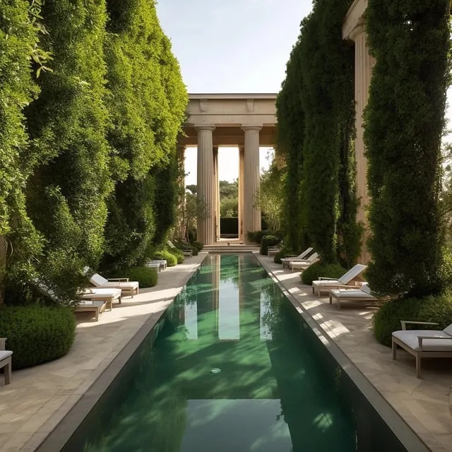 Luxury Poolside Garden with Classical Architecture, luxury, photographic, earthy