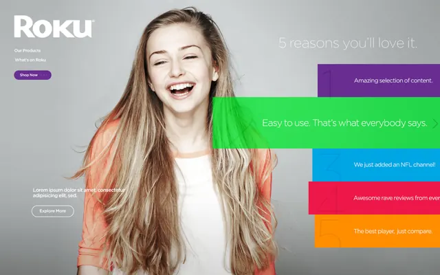 Roku Marketing Ad with Woman, corporate-clean, playful, vibrant
