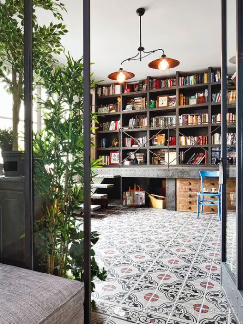 Modern Library Interior with Patterned Flooring, minimal, photographic, warm