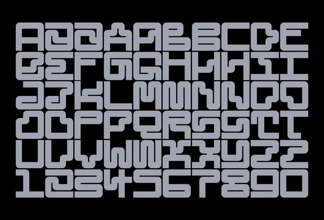 Modular pipe alphabet specimen, technical, geometric, dark