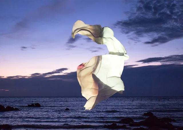 Floating Fabric over Ocean, organic, photographic, dark