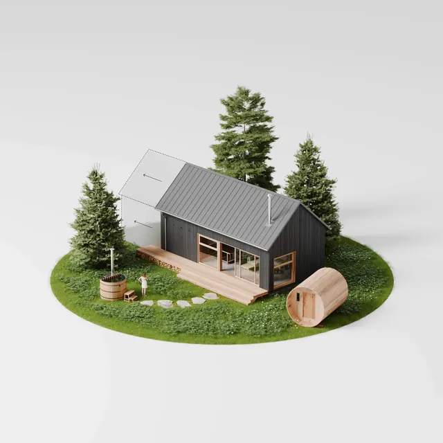 Modular cabin isometric render, 3d-render, minimal, light