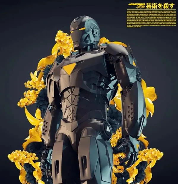 Cybernetic Robot with Yellow Flowers, dark-mode, 3d-render, dark