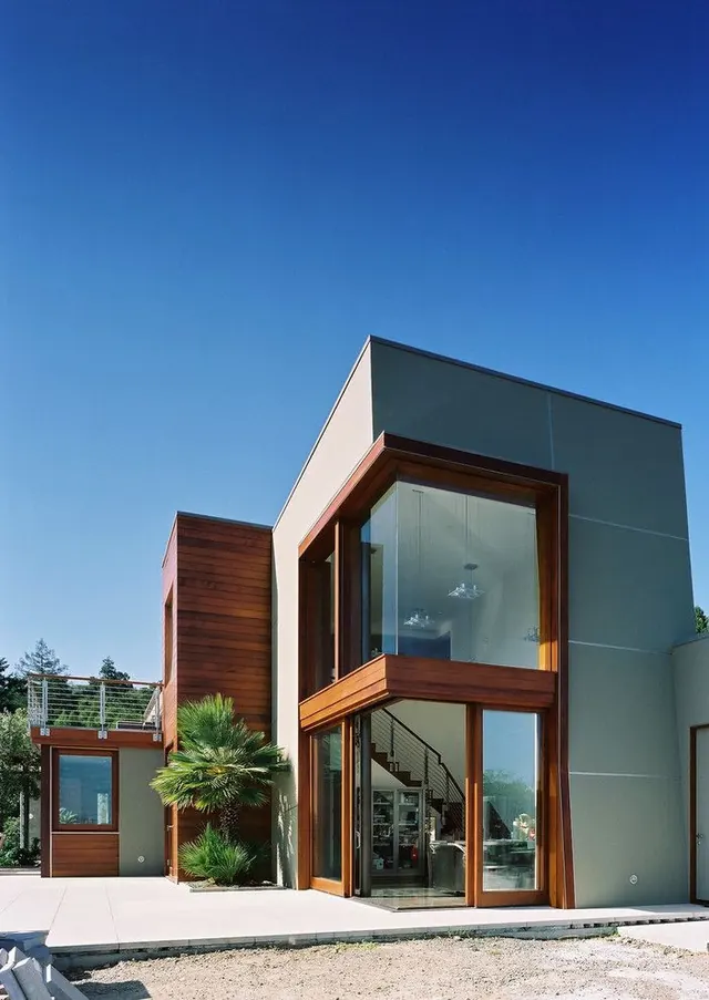 Modern Architectural Structure with Wood and Glass, minimal, photographic, high-contrast