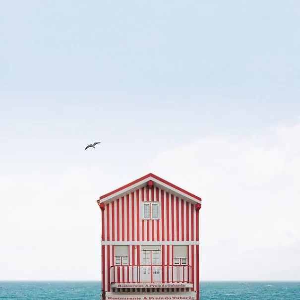 Red Beach House with Seagull, minimal, photographic, vibrant