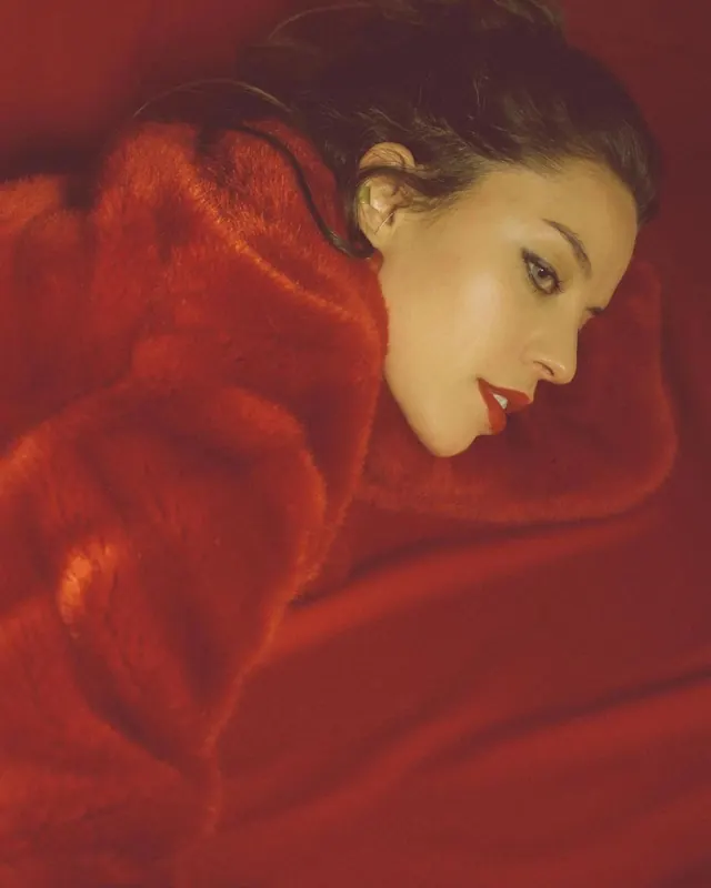 Woman Wrapped in Red Fabric, luxury, photographic, warm