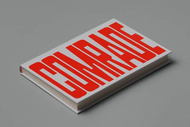 Comrade book cover mockup, minimal, boxed, high-contrast