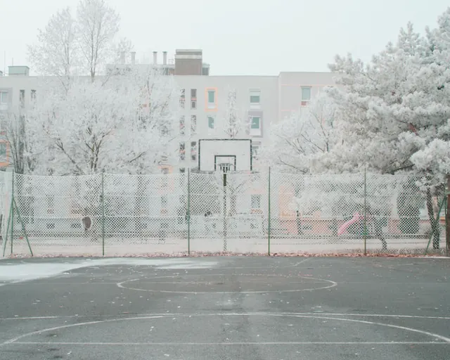 Snowy Outdoor Basketball Court, photographic, minimal, monochrome