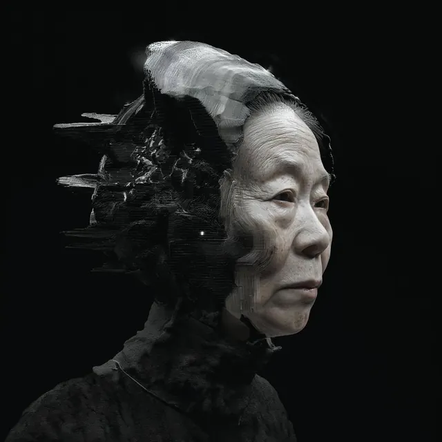 Glitched elderly portrait, technical, photographic, monochrome