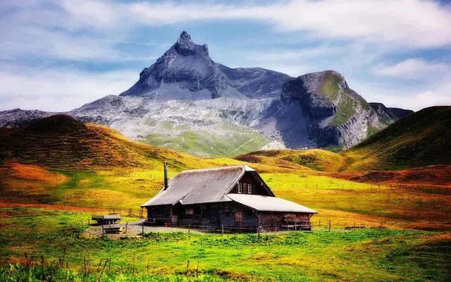 Mountain Cabin Landscape, photographic, organic, earthy