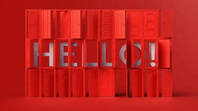 Red doors HELLO 3D typographic wall, 3d-render, minimal, vibrant