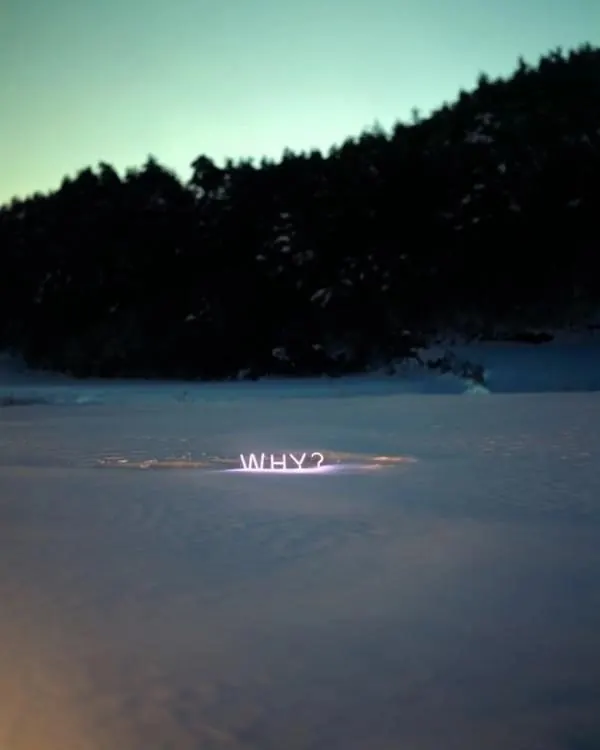 Why? Wordmark on Snowy Landscape, minimal, photographic, cool