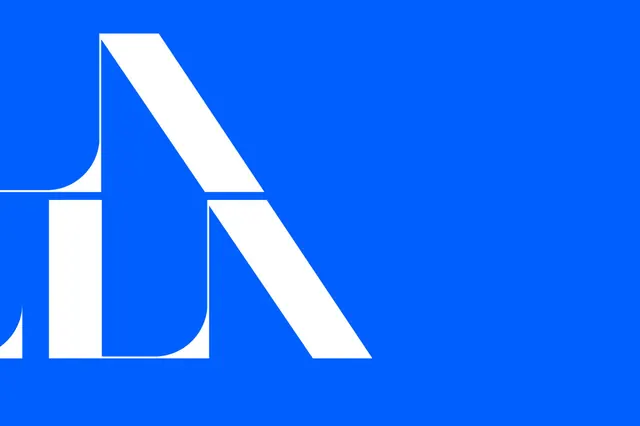 Blue field fragmented white letterforms, swiss, minimal, vibrant
