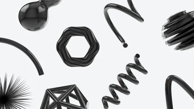 Glossy black 3D abstract shape scatter, minimal, 3d-render, light