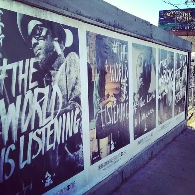 The World Is Listening Billboard, maximalist, photographic, dark