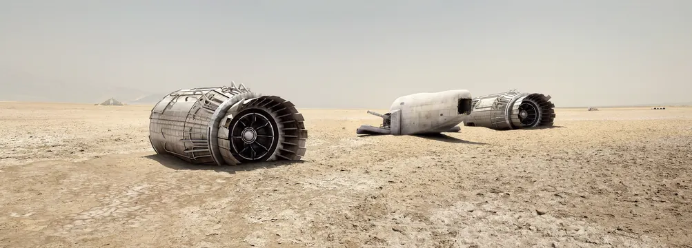 Desert spacecraft wreckage panorama, 3d-render, cinematic, muted
