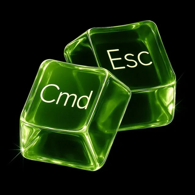 Glowing green Cmd Esc key render, 3d-render, glassmorphism, dark