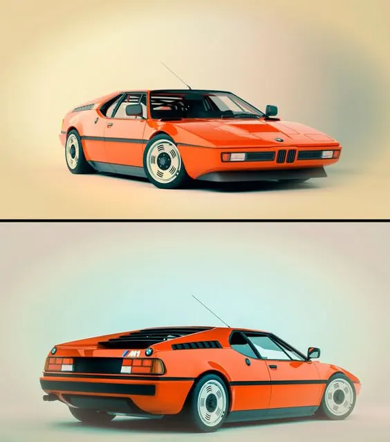 Orange BMW M1 two-panel render, 3d-render, retro, vibrant
