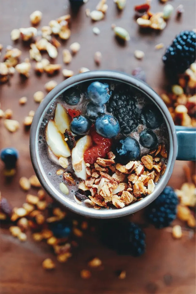Blueberry and Banana Smoothie Bowl, photographic, organic, warm