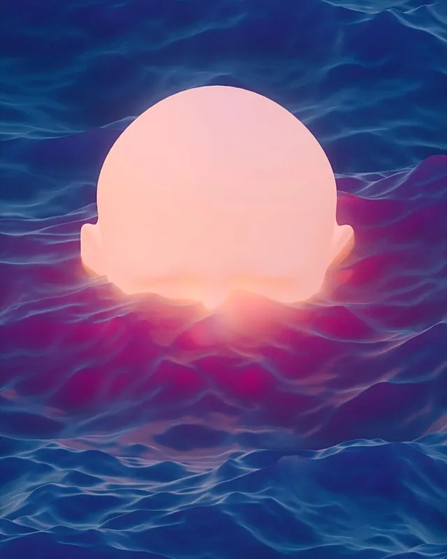 Glowing Sun Over Stylized Waves, gradient-heavy, y2k, vibrant
