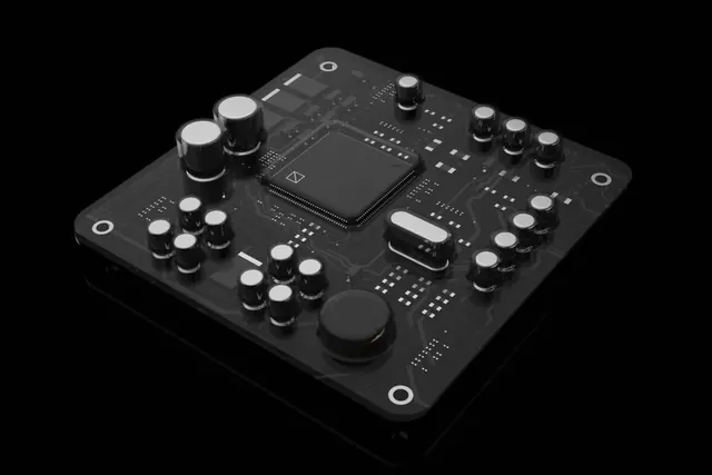 3D Render of a Circuit Board, technical, dark-mode, dark