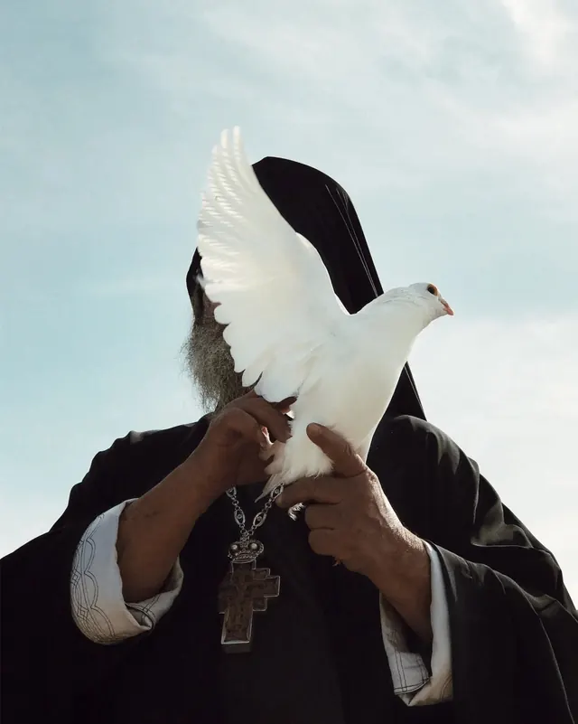 Religious Dove and Clergy Figure, photographic, organic, high-contrast