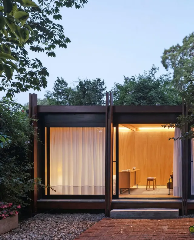 Modern Architectural Interior with Wood and Glass, minimal, luxury, warm