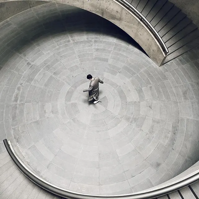 Aerial View of Person in Circular Architecture, minimal, geometric, monochrome