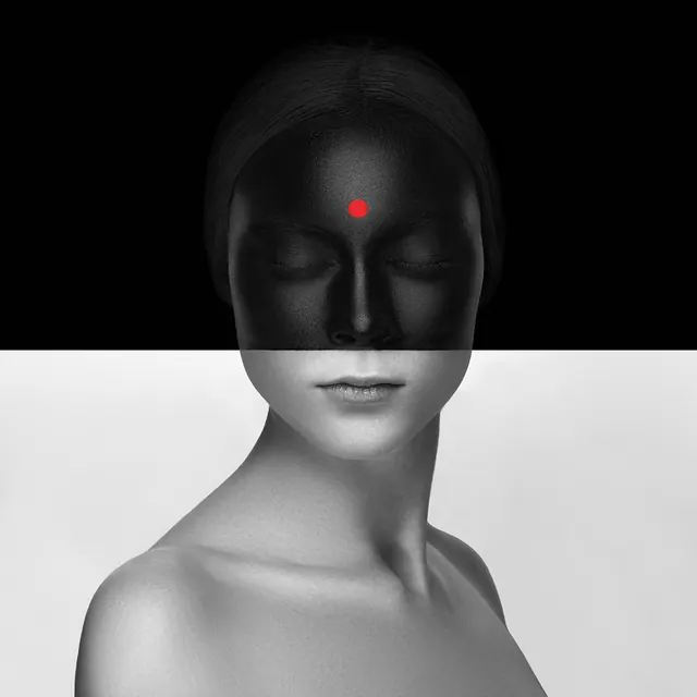 Surrealist Portrait with Red Dot, minimal, monochrome, high-contrast