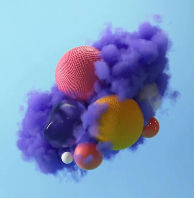 3D Abstract Spheres and Smoke, playful, 3d-render, vibrant