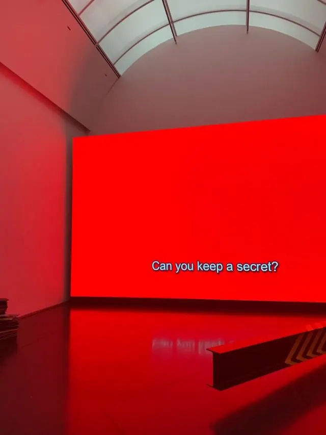 Red Gallery Installation with Text, minimal, brutalist, vibrant