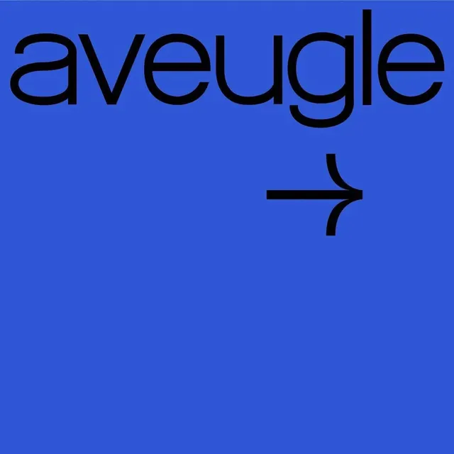 aveugle wordmark and arrow, minimal, swiss, high-contrast