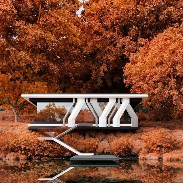 Abstract Geometric Furniture Mockup in Autumnal Forest, minimal, geometric, warm