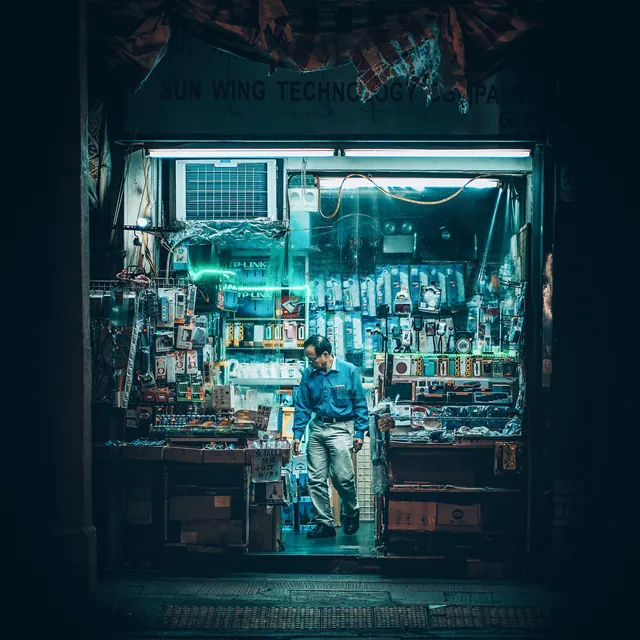 Electronics Repair Shop Interior, photographic, maximalist, dark