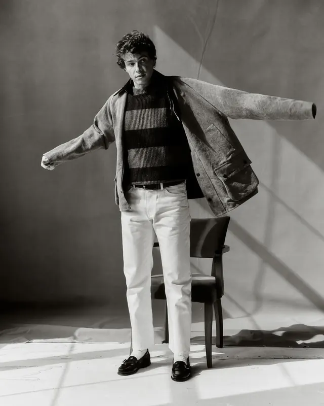 Man in Striped Sweater and Jacket, monochrome, photographic, monochrome