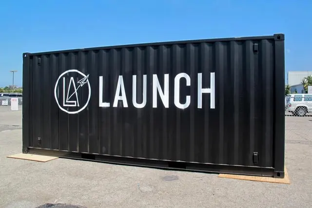 LAUNCH Branding on Shipping Container, minimal, corporate-clean, high-contrast