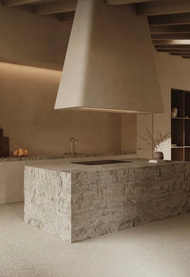 Minimalist Stone Kitchen Interior, minimal, luxury, muted