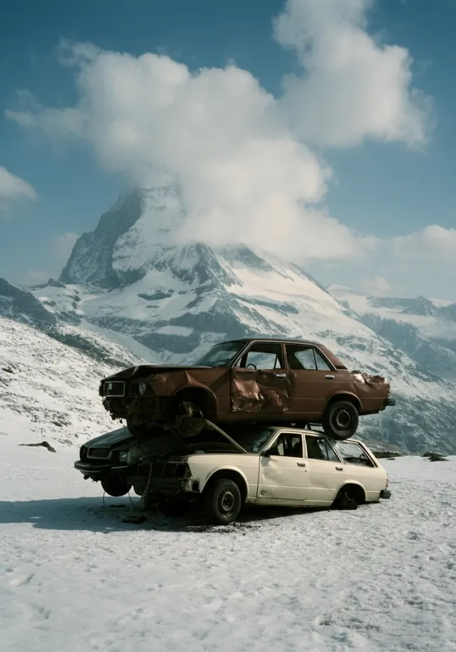Vintage Off-Road Vehicles in Snowy Mountains, photographic, organic, muted