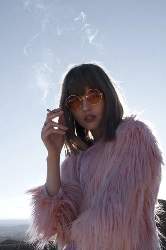 Portrait of a Woman in Pink Fur, photographic, retro, vibrant