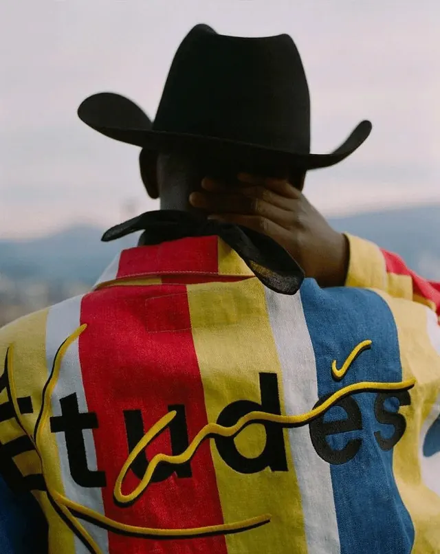 Man in Sombrero with Graphic Overlay, photographic, maximalist, vibrant